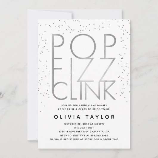 Pop Fizz Clink Bridal Shower Invitation, Silver Kaart (Voorkant)
