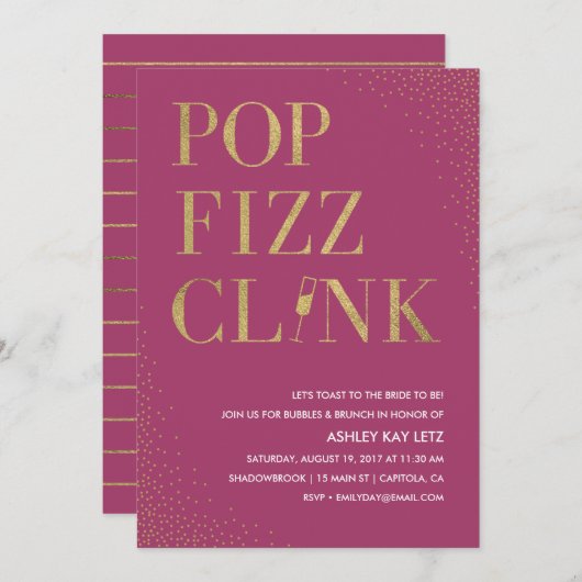 Pop Fizz Clink Fête de l'mariée Brunch Invitation (Devant / Derrière)