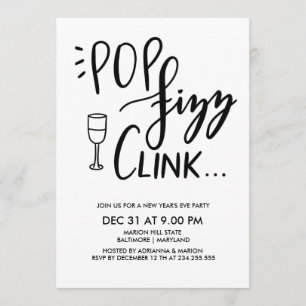 Pop Fizz Clink Handgeschreven nieuwjaarspartij Kaart