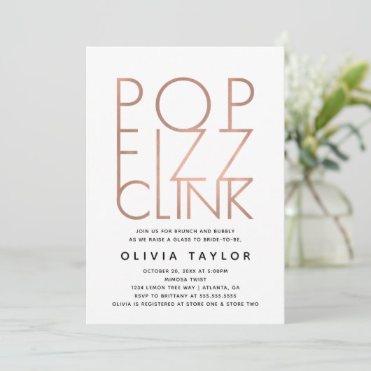 Pop Fizz Clink Invitation à la douche nuptiale, or (Debout devant)