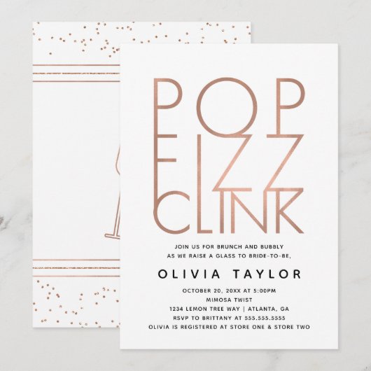 Pop Fizz Clink Invitation à la douche nuptiale, or (Devant / Derrière)