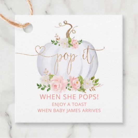 Pop het als ze pop met een druppelroze pompoen bedankjes labels (Voorkant)