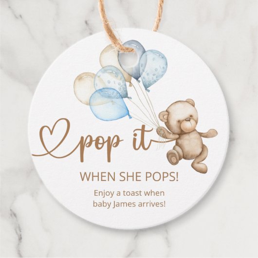 Pop het als ze Pop op Teddy Bear Baby shower Bedankjes Labels (Voorkant)
