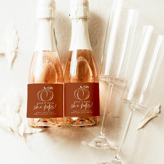 Pop het als ze pop pompoen terracotta Baby shower Sparkling Wijnetiket