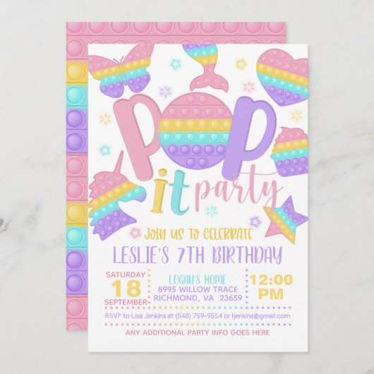 Pop it Party Birthday Invitation - Pastel Kaart (Voorkant / Achterkant)