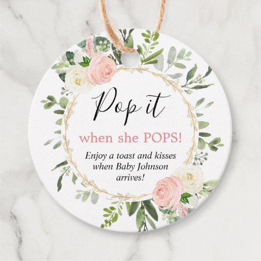Pop it when she pops pink gold greenery baby bedankjes labels (Voorkant)