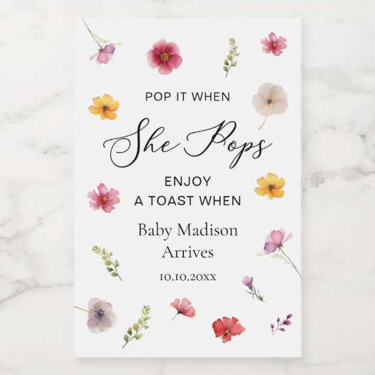 Pop It Wildflower Baby shower Champagne Wijn Etiket (Enkel label)