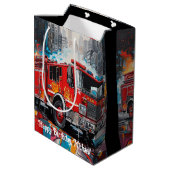 Pop Kunst Brandweerwagen in Stad Medium Cadeauzakje (Achterkant Gekanteld)