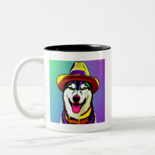 Pop Kunst schilderen van een Husky Dog die een Pet Tweekleurige Koffiemok