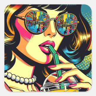 Pop Kunst Stripboek  Vrouw Drink Boba Vierkante Sticker