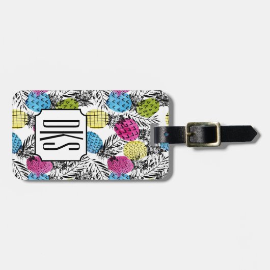 Pop kunstananassen en palmbladeren | Monogram Bagagelabel (Voorkant horizontaal)