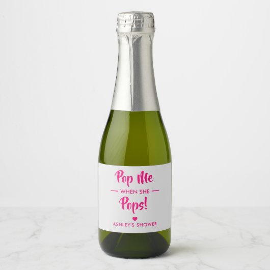 Pop me als ze Poppen, Baby shower label, roze ham Sparkling Wijnetiket (Voorkant)
