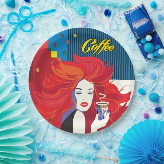 pop "Mooie Mode vrouw met koffiebeker" Art Papieren Bordje (Feest)