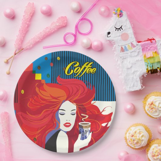 pop "Mooie Mode vrouw met koffiebeker" Art Papieren Bordje (Feest)