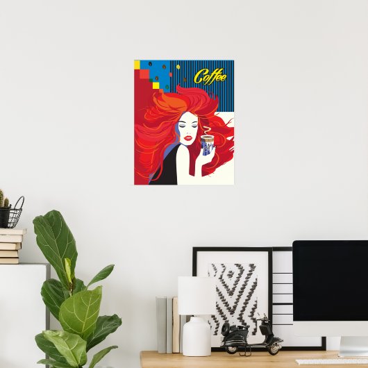 pop "Mooie Mode vrouw met koffiebeker" Art Poster (Thuiskantoor)