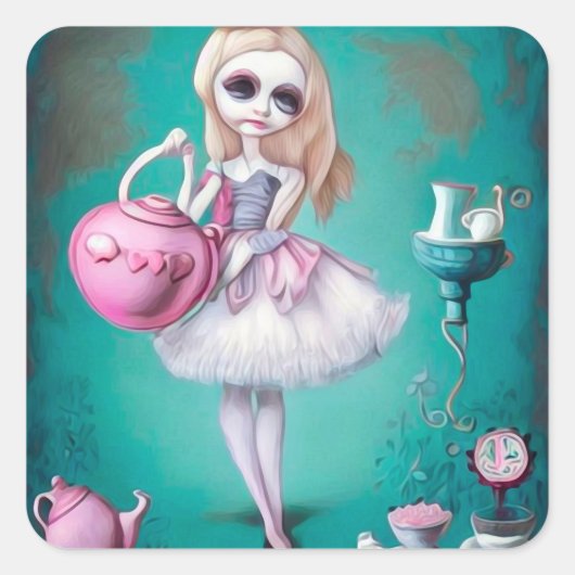 Pop Surrealisme geschilderde Alice & Theepot Vierkante Sticker (Voorkant)