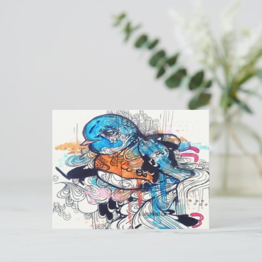 Pop surrealistische kunst kawaii - blauwe vogelkun briefkaart (Staand voorkant)