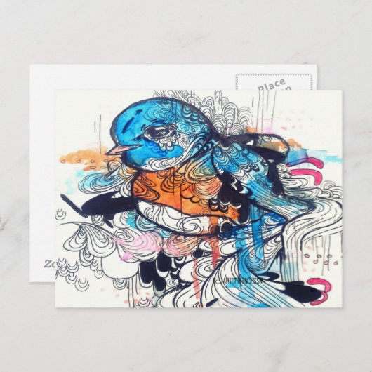 Pop surrealistische kunst kawaii - blauwe vogelkun briefkaart (Voorkant / Achterkant)