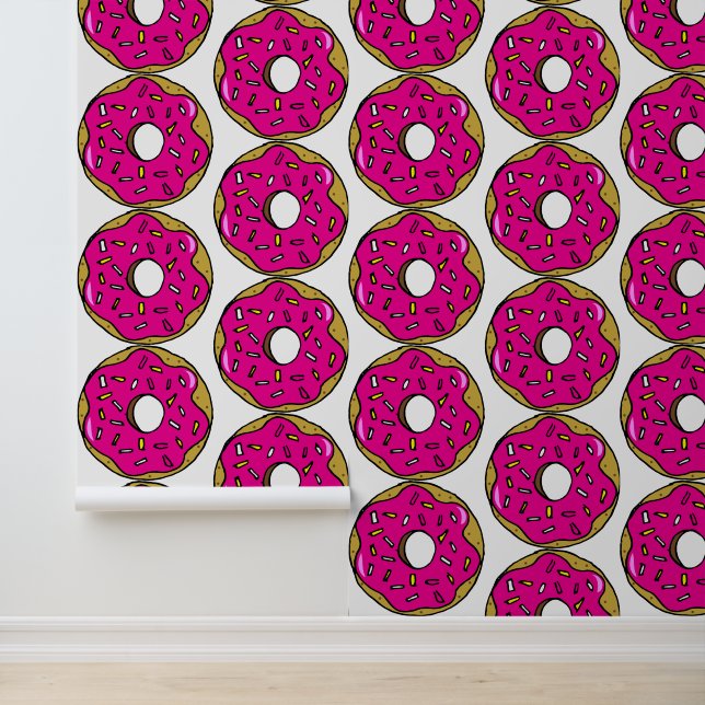 Popart Heldere Roze Donuts Food Patterned Kitchen Behang (Applicatie)
