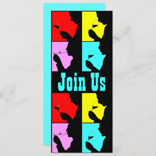 PopArt Wine Tasting Silhouette 4 Stappen Uitnodigi Kaart (Voorkant / Achterkant)