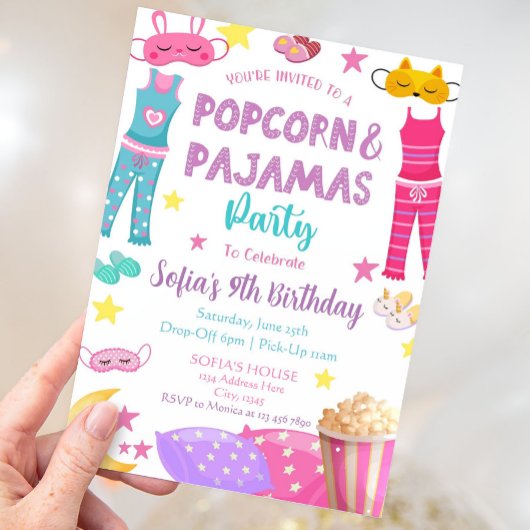 Popcorn en pyjama feestuitnodiging kaart