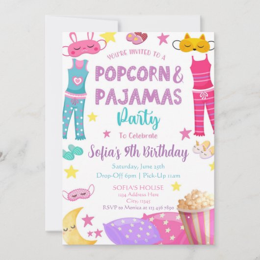 Popcorn en pyjama feestuitnodiging kaart (Voorkant)