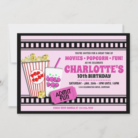 Popcorn et un film Invitation d'anniversaire (Devant)