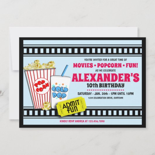 Popcorn et un film Invitation d'anniversaire (Devant)