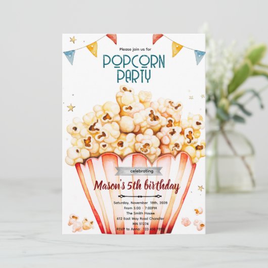 Popcorn party theme invitation (Debout devant)