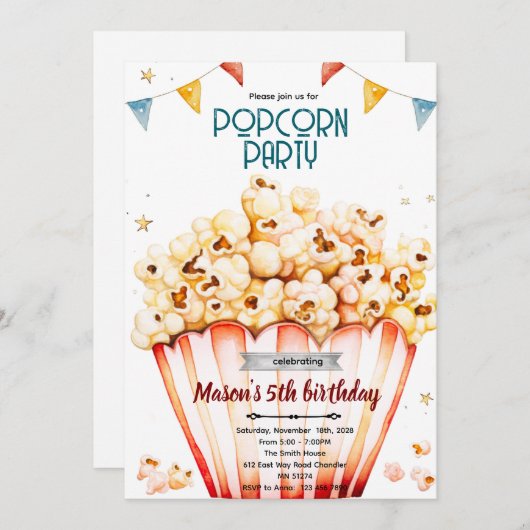 Popcorn party theme invitation (Devant / Derrière)