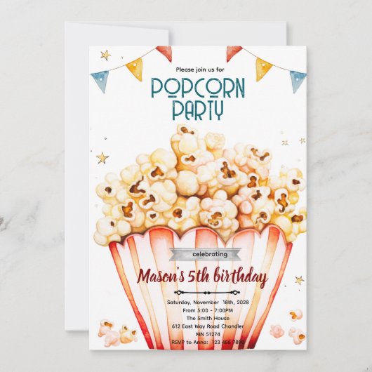 Popcorn party theme invitation kaart (Voorkant)