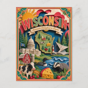 PopCut Toestanden Wisconsin Kleurrijke 3D Papierku Briefkaart
