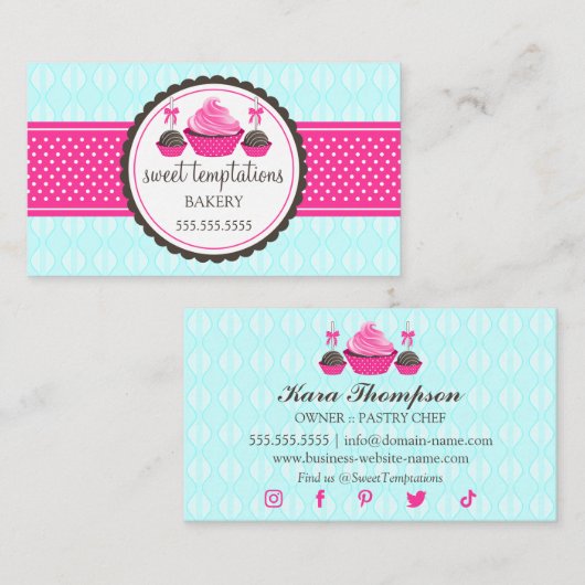 Poppen en cupcake Aqua Pink Visitekaartje (Voorkant / Achterkant)