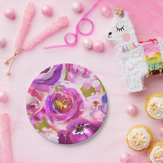 Poppen van roze Paars goudkleurige bloemetjes Papieren Bordje (Feest)