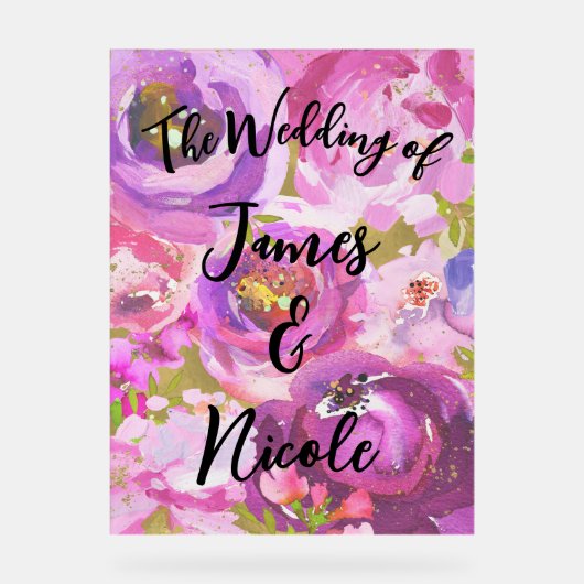 Poppen van Roze & Paarse Levendige Bloemen Trouwbo Acryl Bord (Voorkant)