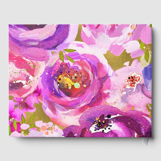 Poppen van Roze & Paarse Vibrant Bloemen Huwelijk Gastenboek (Achterkant)