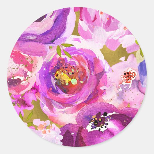 Poppen van Roze & Paarse Vibrant Bloemen Huwelijk Ronde Sticker (Voorkant)