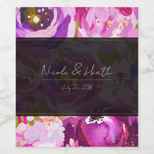 Poppen van Roze & Paarse Vibrant Bloemen Huwelijk Wijn Etiket (Enkel label)