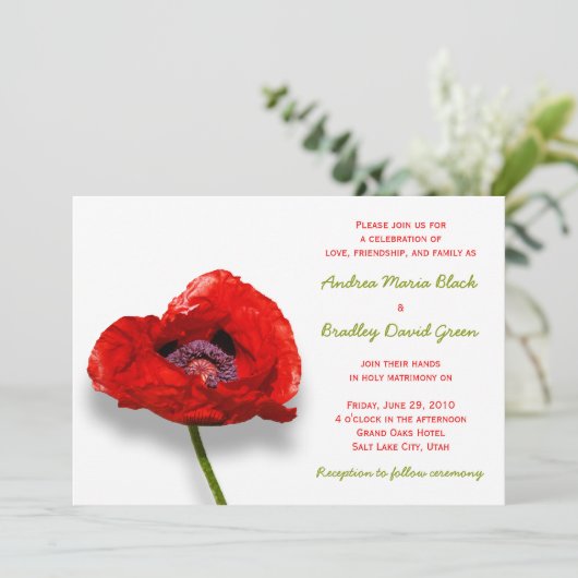 Poppie rouge sur Faire-part de mariage blanc (Debout devant)