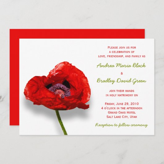 Poppie rouge sur Faire-part de mariage blanc (Devant / Derrière)