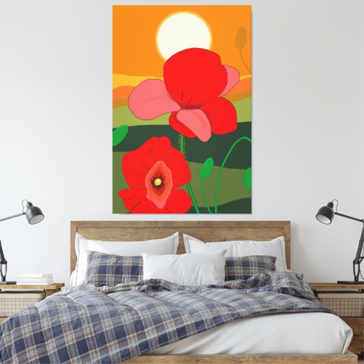 Poppie weide bij zonsondergang canvas afdruk (Insitu (Slaapkamer))
