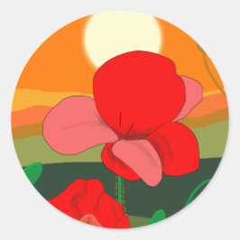 Poppie weide bij zonsondergang ronde sticker