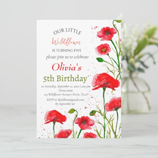 Poppies 5e verjaardag Meisje Red Floral Poppy Kaart (Staand voorkant)