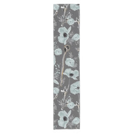 Poppies Blauw Grijs Houtskool Waterverf Decor Korte Tafelloper
