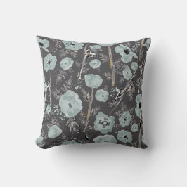 Poppies Blue Black Waterverf Floral Pattern Kussen