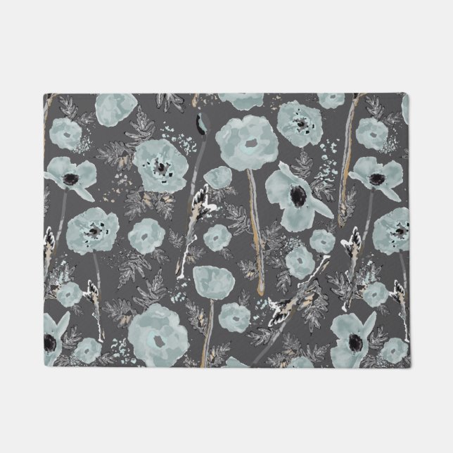 Poppies Blue Grey Black Waterverf Floral Pattern Deurmat (Voorkant)