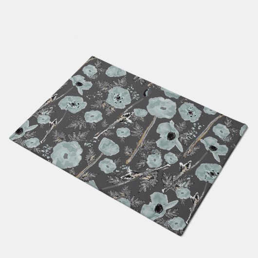 Poppies Blue Grey Black Waterverf Floral Pattern Deurmat (Schuin)