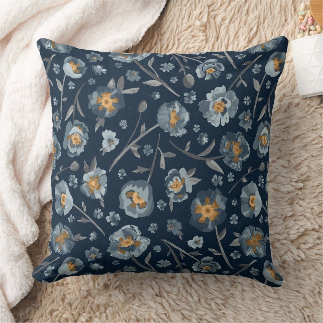 Poppies Charming Blue Gellow Floral Kussen (Deken)