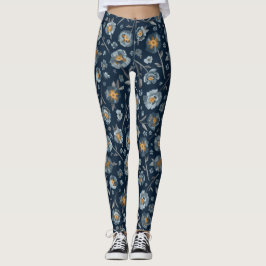 Poppies Charming Blue Gellow Poppy Floral Leggings