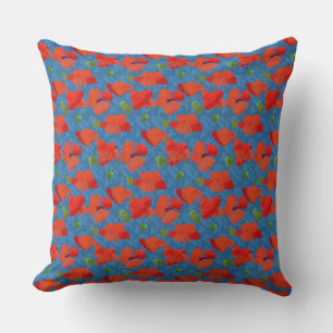 Poppies de champ écarlate sur Coussin bleu ou cous